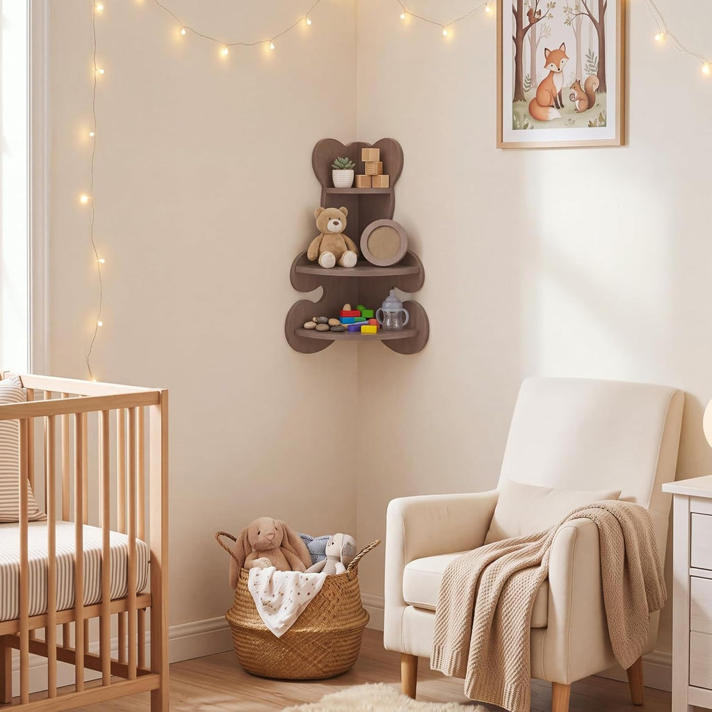 Novabright 3 Tier Bear Corner Shelf Wall Mounted Wooden Display 13.78 Inch