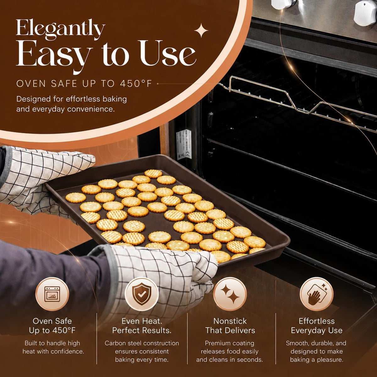 Nonstick Bakeware Set 8 Piece - Stackable Baking Pan Set, Oven safe 450°F, Carbon Steel Baking Set with Muffin, Loaf, Cookie Sheets & Roaster, Easy Storage, BPA-Free (Dark Brown)