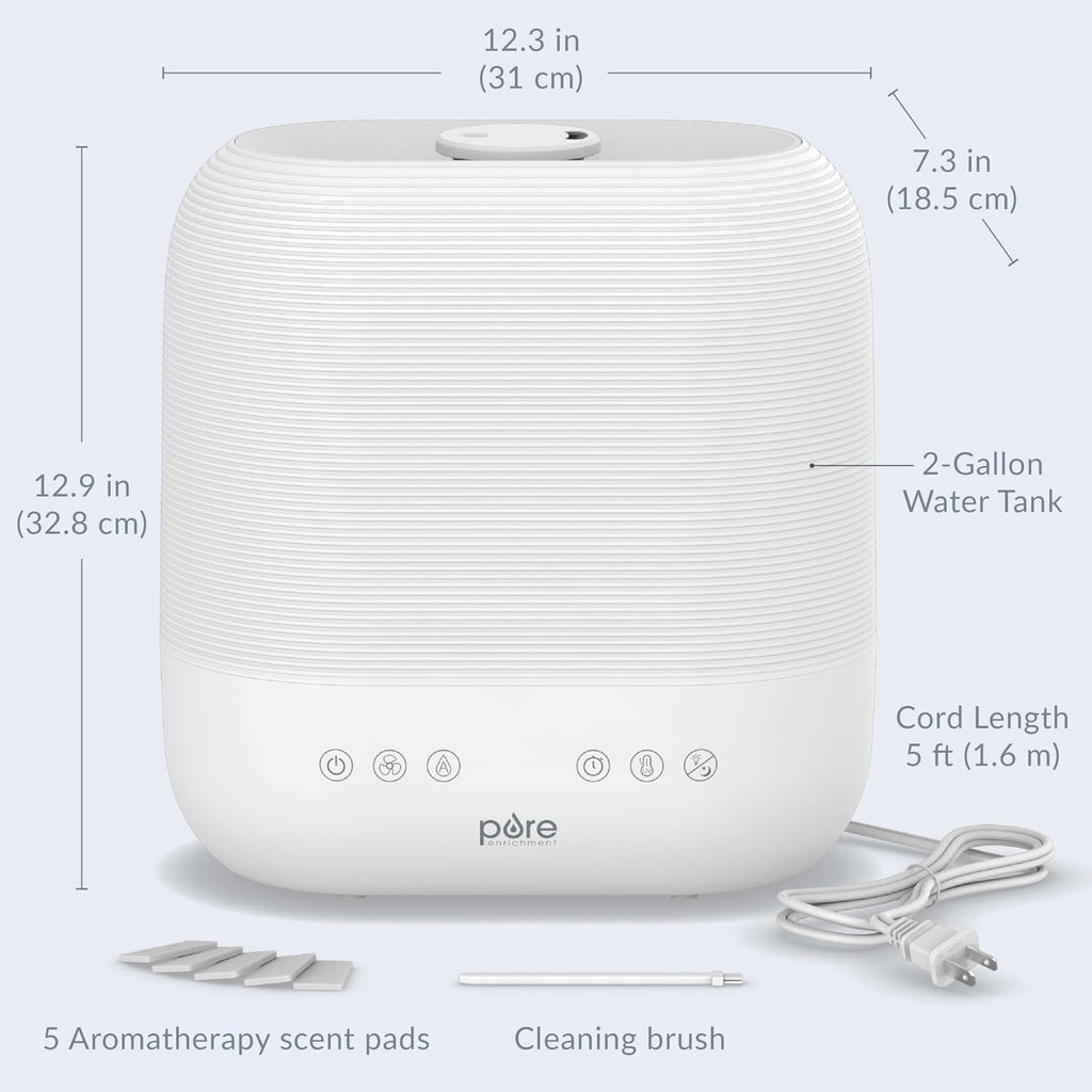 Pure Enrichment HUME Sense Warm & Cool Mist Top-Fill Humidifier, 2-Gal Tank, Up to 4.5 Days, Auto Humidity Sensor, 3 Mist Levels, Night Light, Aromatherapy, Sleep Mode & Auto Shut-Off