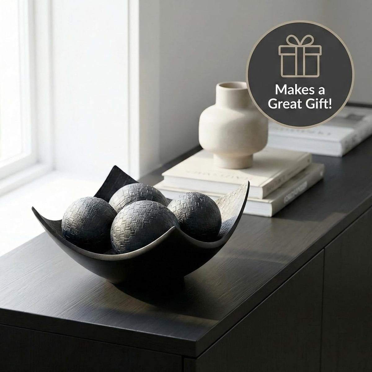 Seraphic Kitchen Table Decor, Decorative Centerpiece Scoop Bowl, Black