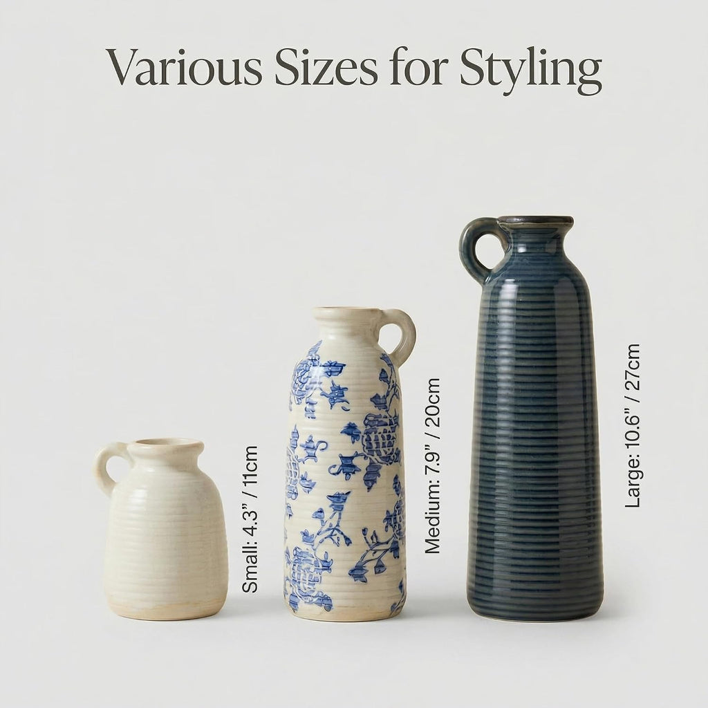 Ceramic Vase Set of 3 with Handles, Blue White Neutral Rustic Modern Farmhouse Boho Decor, Versatile as Table Centerpiece or Mantel & Shelf Accent - Unique Home Gift Idea
