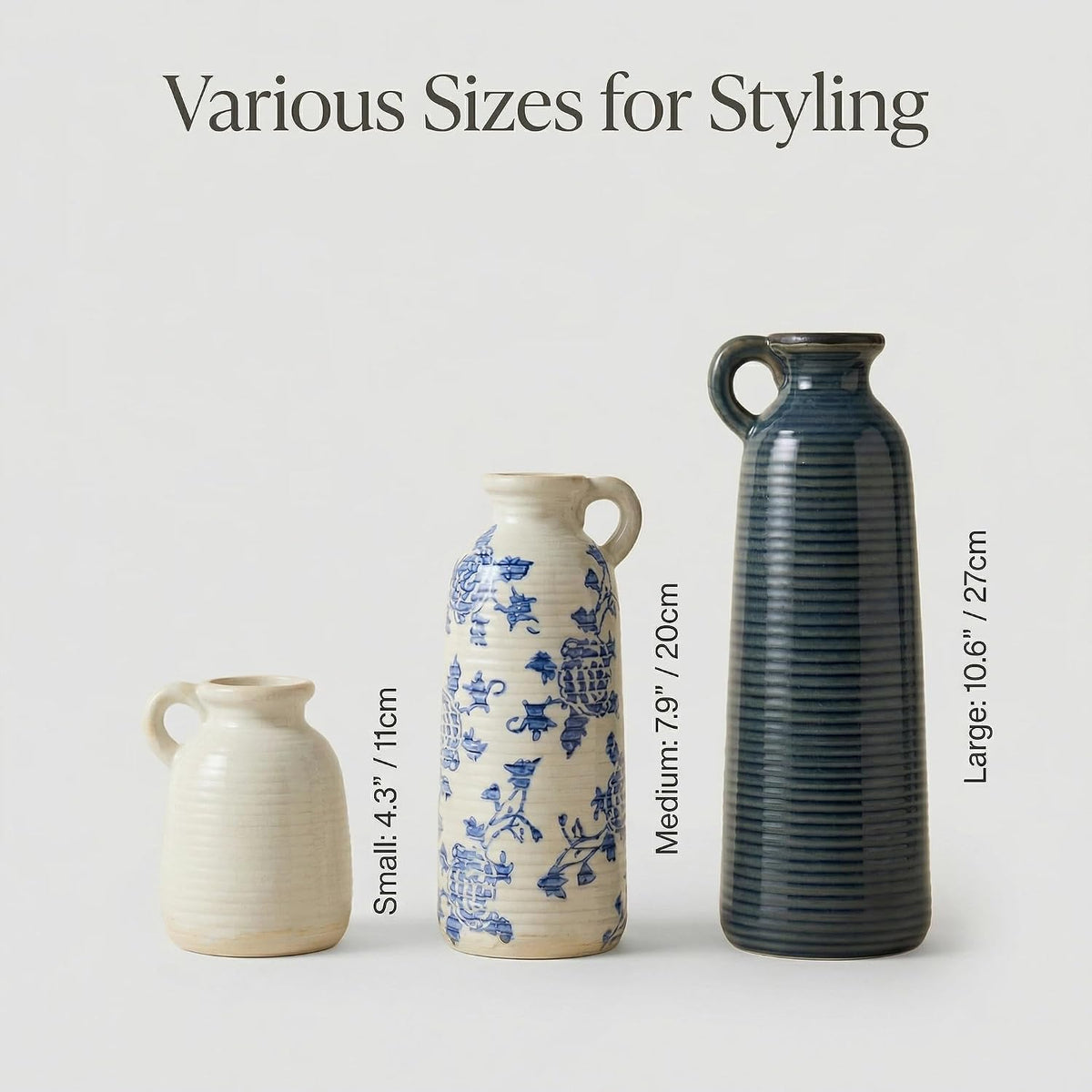 Ceramic Vase Set of 3 with Handles, Blue White Neutral Rustic Modern Farmhouse Boho Decor, Versatile as Table Centerpiece or Mantel & Shelf Accent - Unique Home Gift Idea