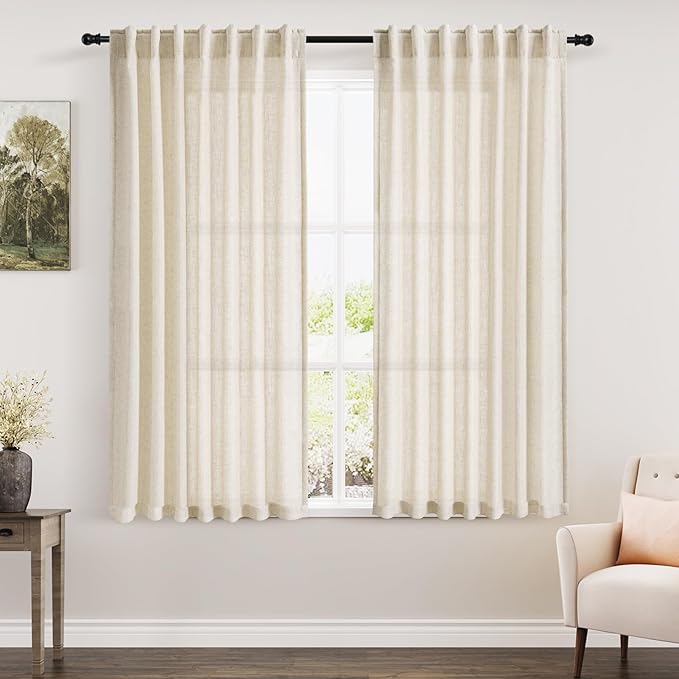 Warm Beige Linen Curtains 63 Inches Long 2 Panel Sets by Nanspring