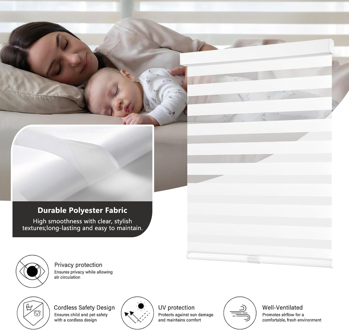 AOSKY Cordless Zebra Blinds for Indoor Windows, 34" W x 72" H, White