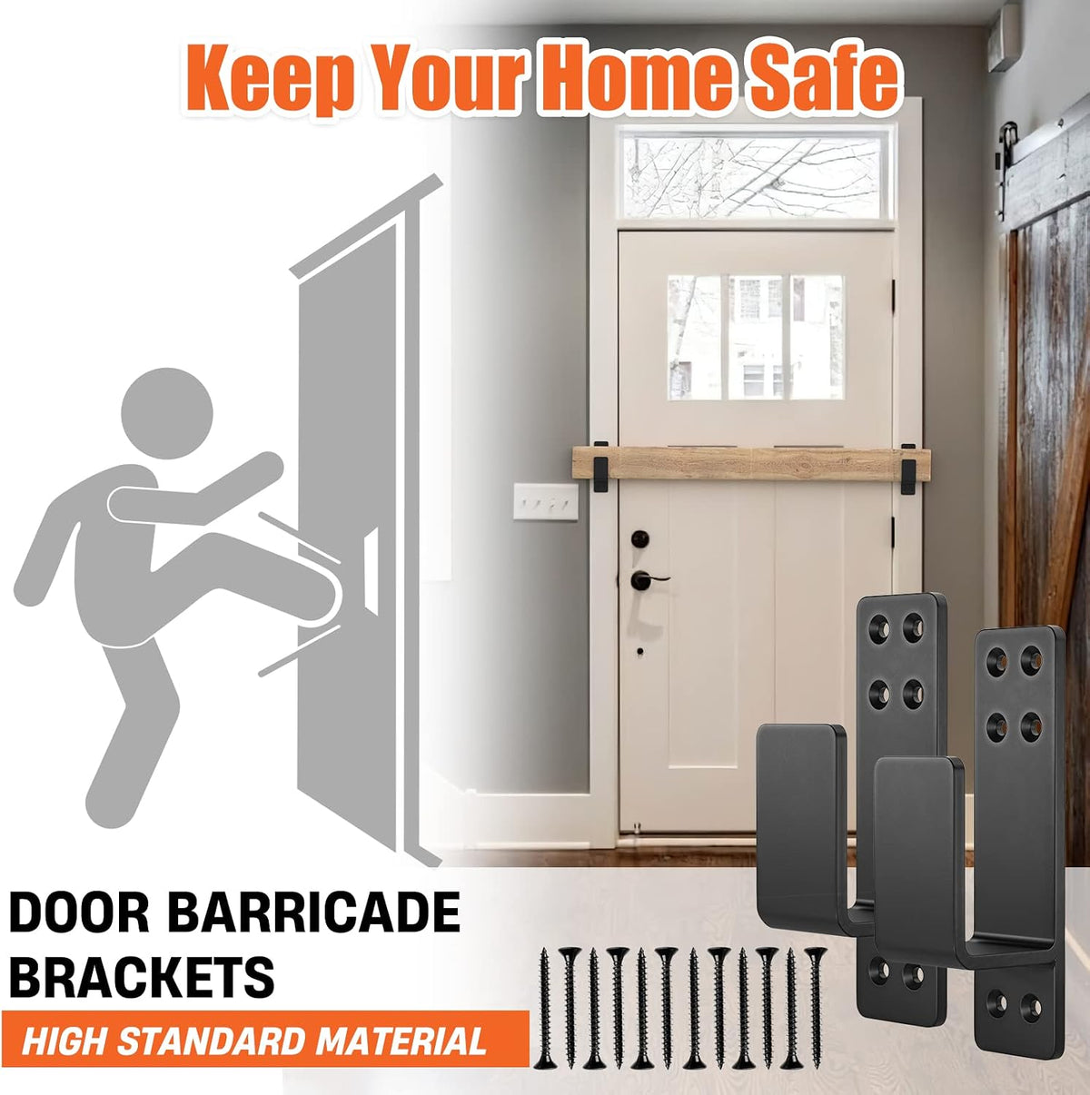 2x4 Door Barricade Brackets, Heavy Duty 2pcs, Black