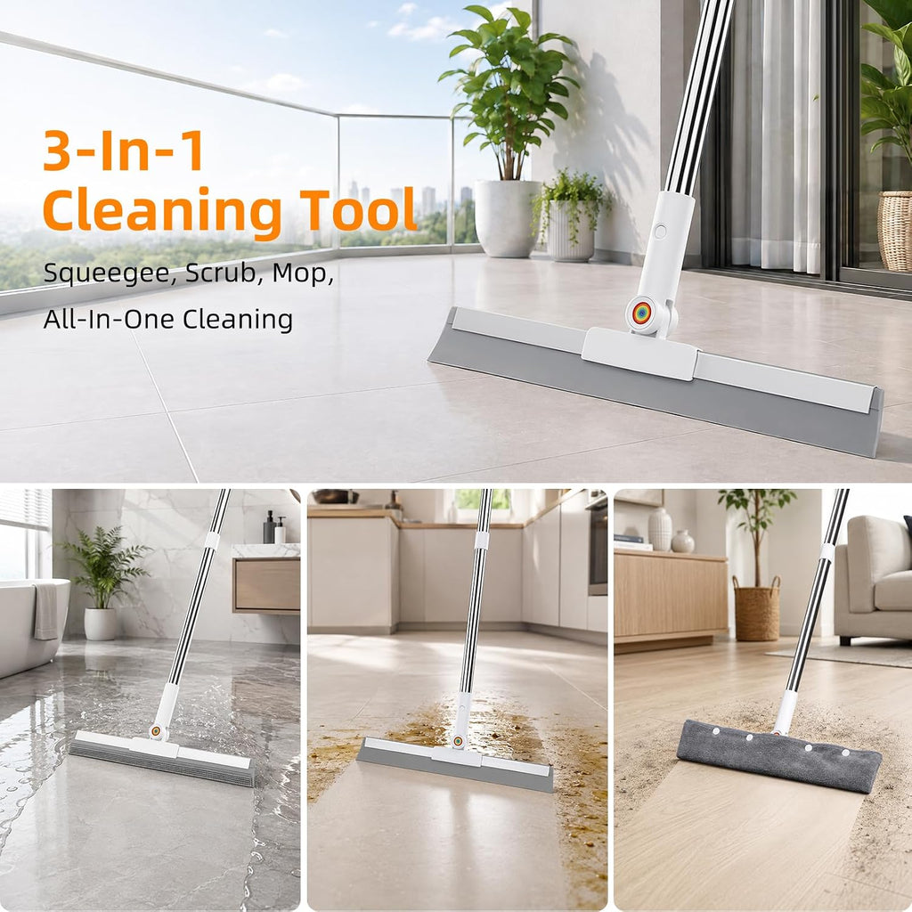 Floor Squeegee Broom, 62" Long Handle with 2 Washable Microfiber Pads