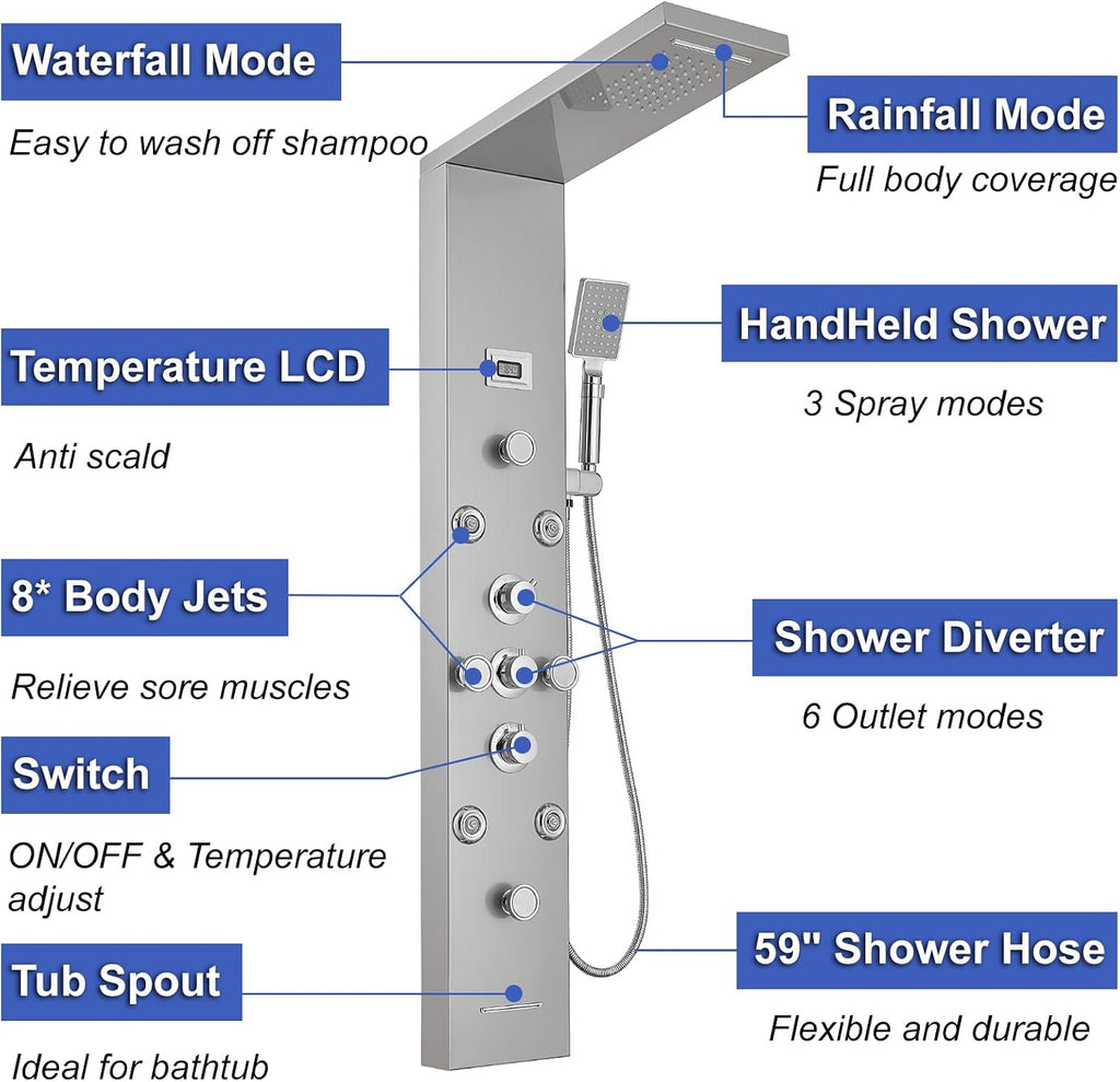 6 IN 1 Shower Panel Tower System Stainless Steel Wall Mounted