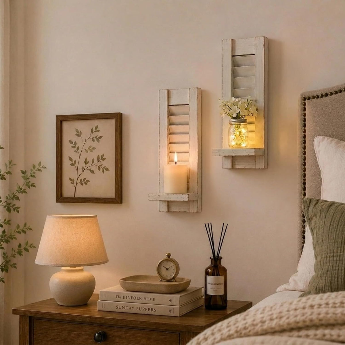 Farmhouse Wall Candle Holders Set of 2, White Wood Shutter Decor