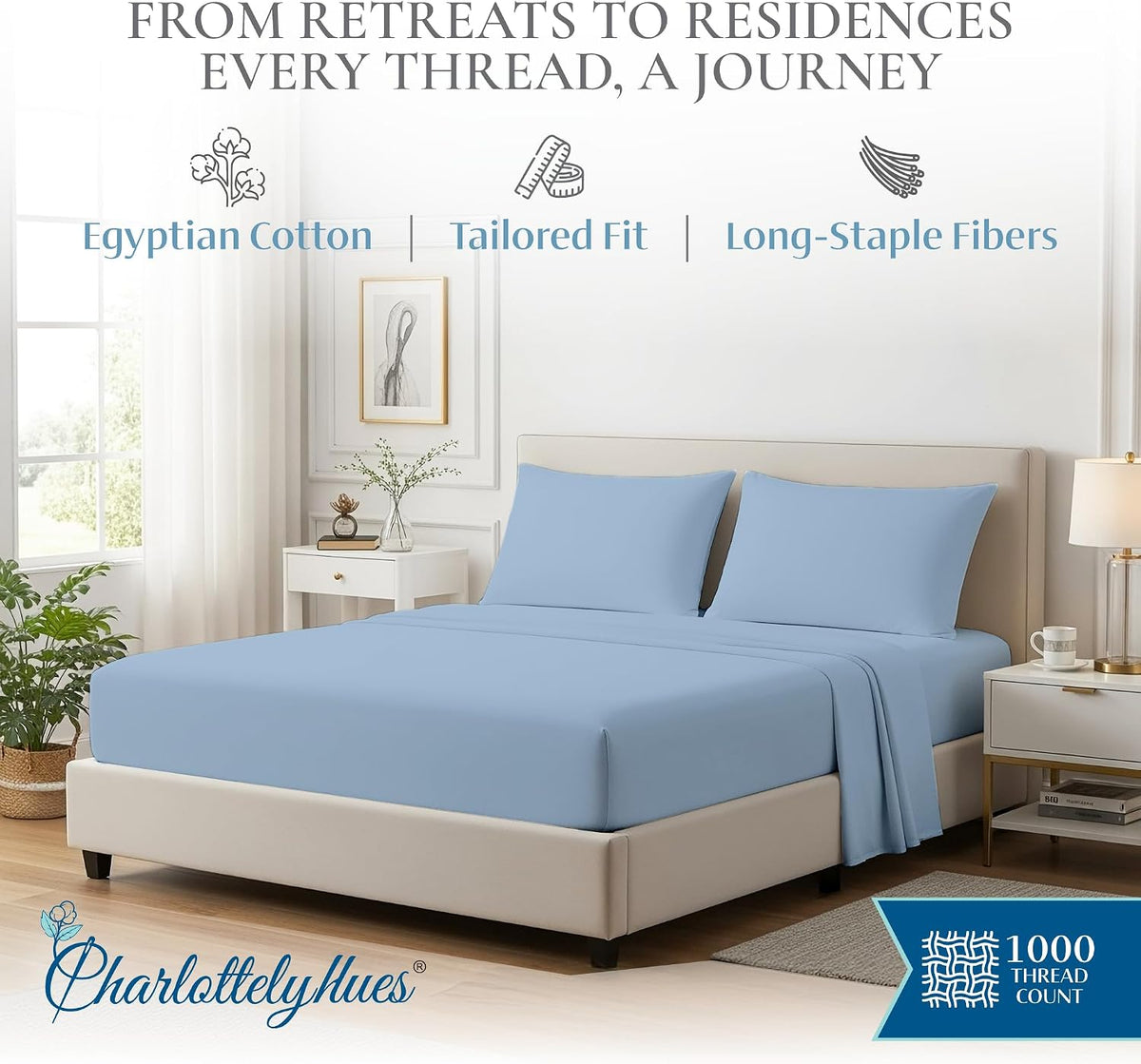 CharlottelyHues Sheet Set 4 Piece 100% Egyptian Soft Cotton King (Sky Blue)