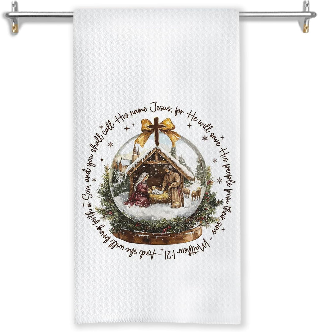 Christmas Nativity Christian Kitchen Towels, Matthew 1:21 Bible Verse Decor Dish Tea Towels for Kitchen, Winter Holiday Religious Xmas Hand Towel for Bathroom Decor, 16x24 Inches