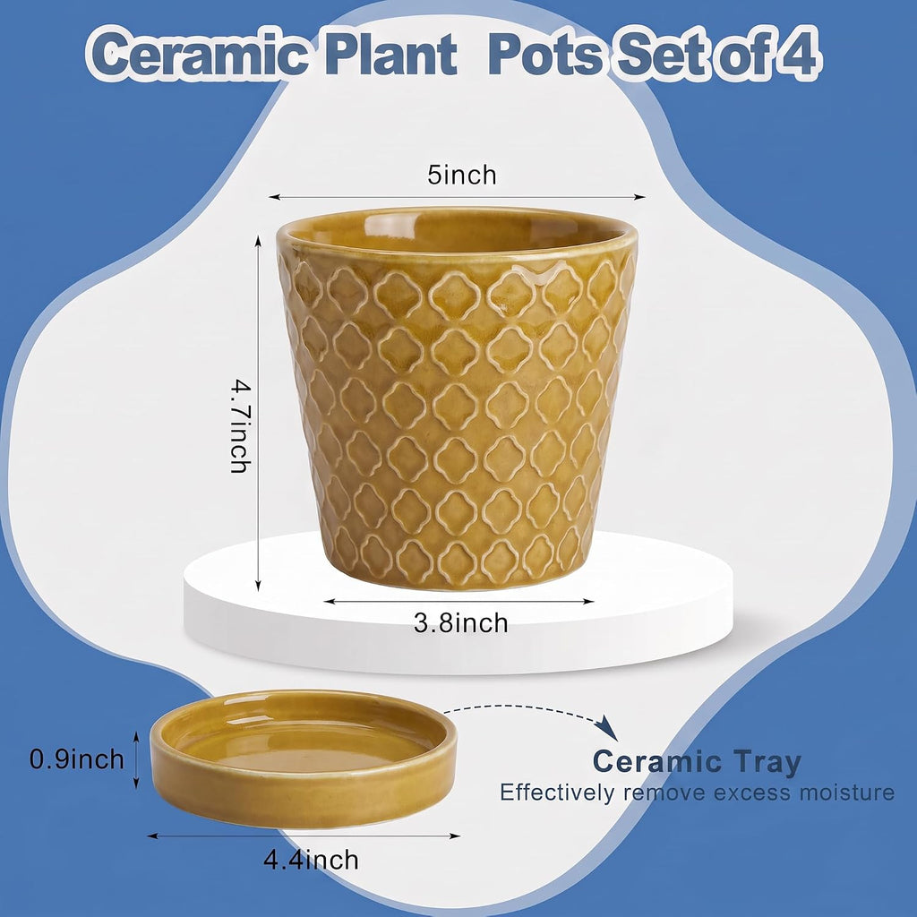 Ceramic Plant Pots, 5 Inch Planters with Drainage Holes and Ceramic Tray, Relief Design Flower Planter, Desktop Office Windowsill Decoration Gift Set of 4 - Deep Yellow