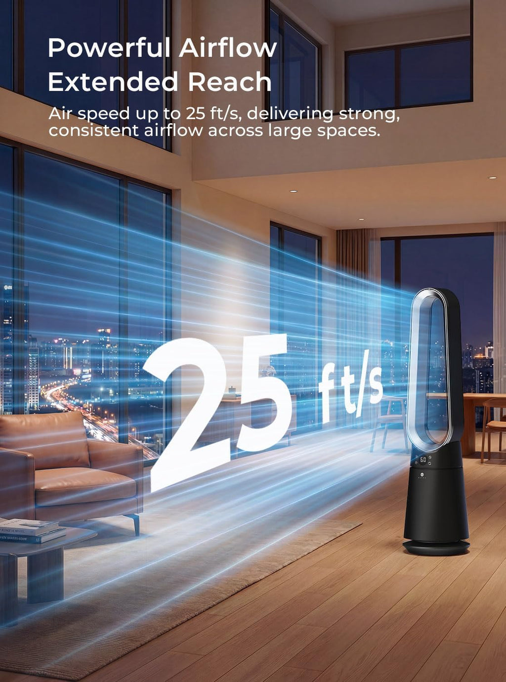 ULTTY Bladeless Tower Fan for Bedroom, 20 Speeds 3 Modes, Standing Fan with Remote, 8H Timer, 38" Quiet Tower Fan, 120° Oscillation, Powerful 25ft/s Airflow Cooling Floor Fan for Home Office, Black