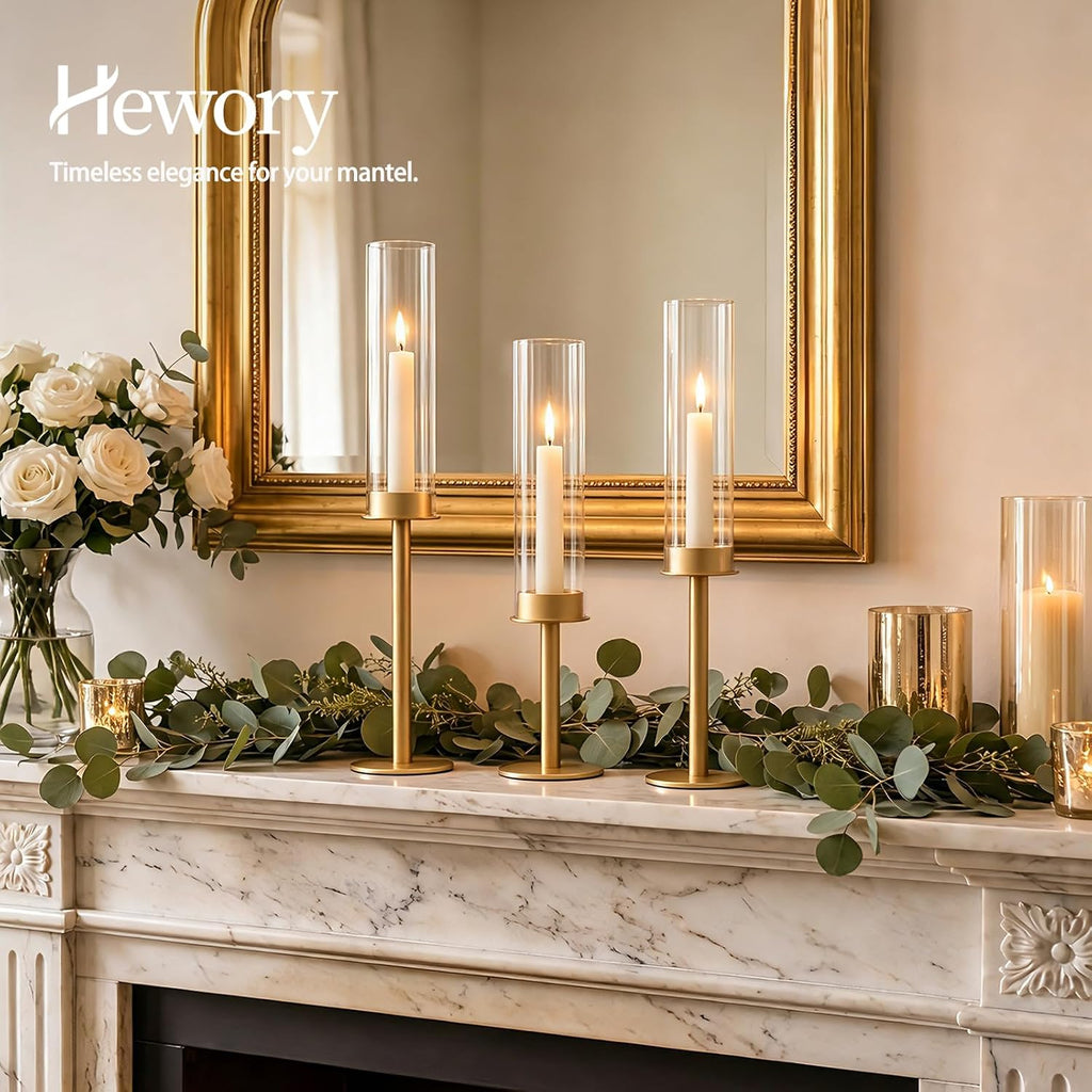Hewory Gold Candlestick Holders: 3PCS Glass Hurricane with Brass Base