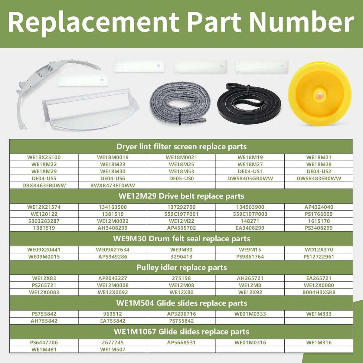 WE49X20697 Dryer Repair & Maintenance Kit Compatible with GE Select Dryers, Include WE18X25100 Lint Filter WE3M26 Bearing WE12X83 Idler Pulley WE12M29 Drive Belt Felt Seal and Glide Slides