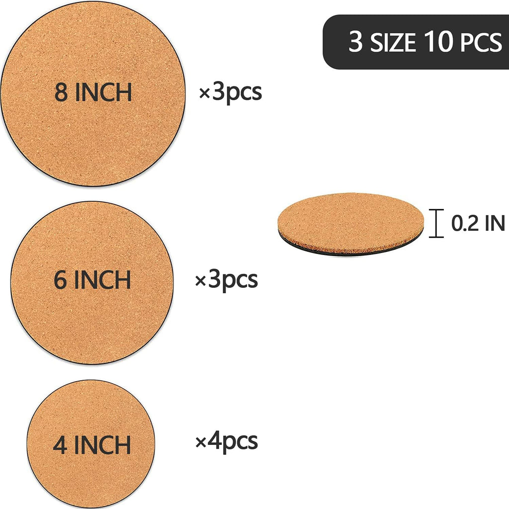10 Pack 3 Sizes Cork Plant Coasters, 4/6/8 Inch Cork Plant Mats for Plants