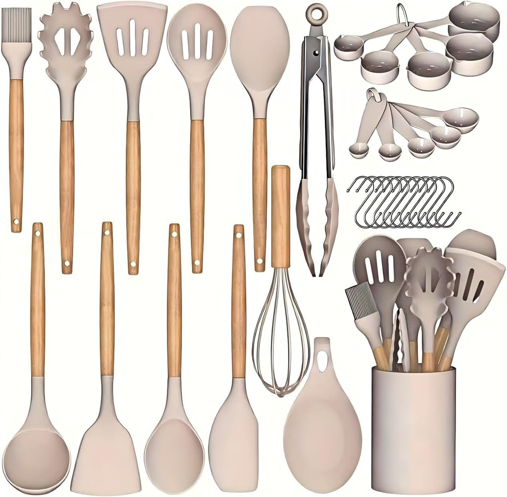 Silicone Cooking Utensils Set, 33PCS Kitchen Gadgets Tools with wooden Handle, Spoons, Spatulas, Whisk, Dishwasher Safe (Cream White, Set of 33)