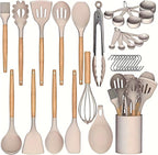 Silicone Cooking Utensils Set, 33PCS Kitchen Gadgets Tools with wooden Handle, Spoons, Spatulas, Whisk, Dishwasher Safe (Cream White, Set of 33)