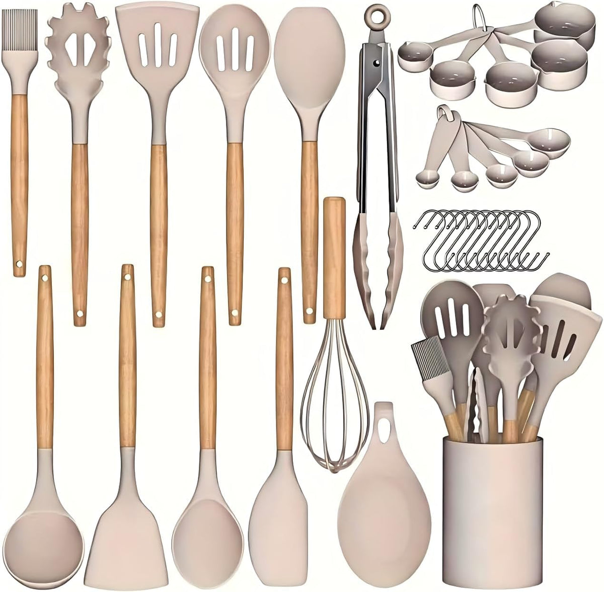 Silicone Cooking Utensils Set, 33PCS Kitchen Gadgets Tools with wooden Handle, Spoons, Spatulas, Whisk, Dishwasher Safe (Cream White, Set of 33)