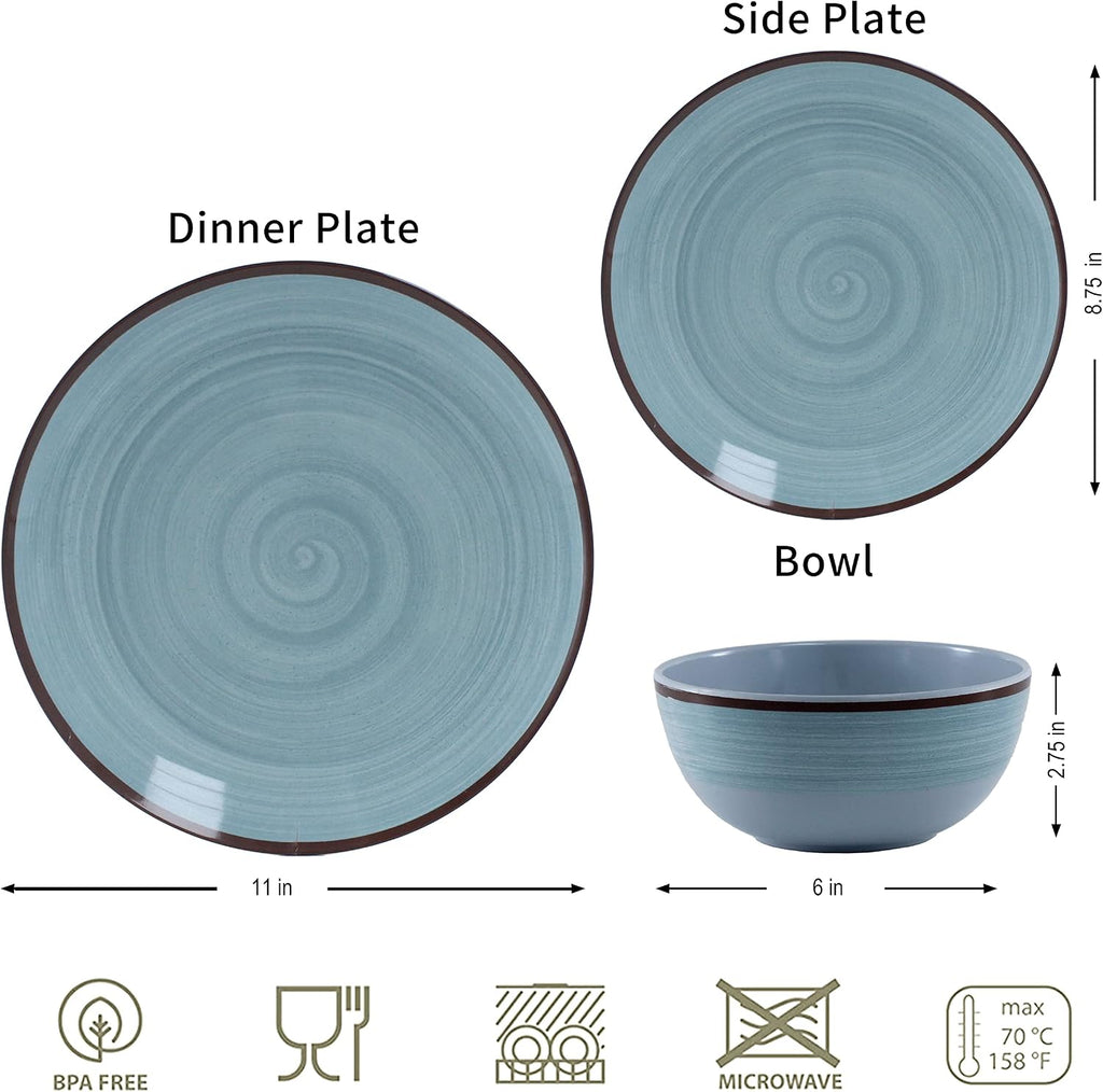 Melamine Dinnerware Set for 4, 12Pcs Dinnerware Sets, Mint Blue Plates And Bowls Sets Morden Dish Set Dishwasher Safe BPA Free(Green)