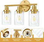 Brushed Brass Bathroom Wall Light Fixtures 3 Lights Vanity Wall Sconce with Clear Glass Shade Modern Farmhouse Wall Lamp for Bathroom Mirror Kitchen Living Room Workshop