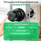 Smart Door Knob Fingerprint Lock 4-in-1 Keyless Entry (Fingerprint/App/Code/Key) Biometric Door with Auto-Lock Easy Install for Home/Bedroom/Office-Black