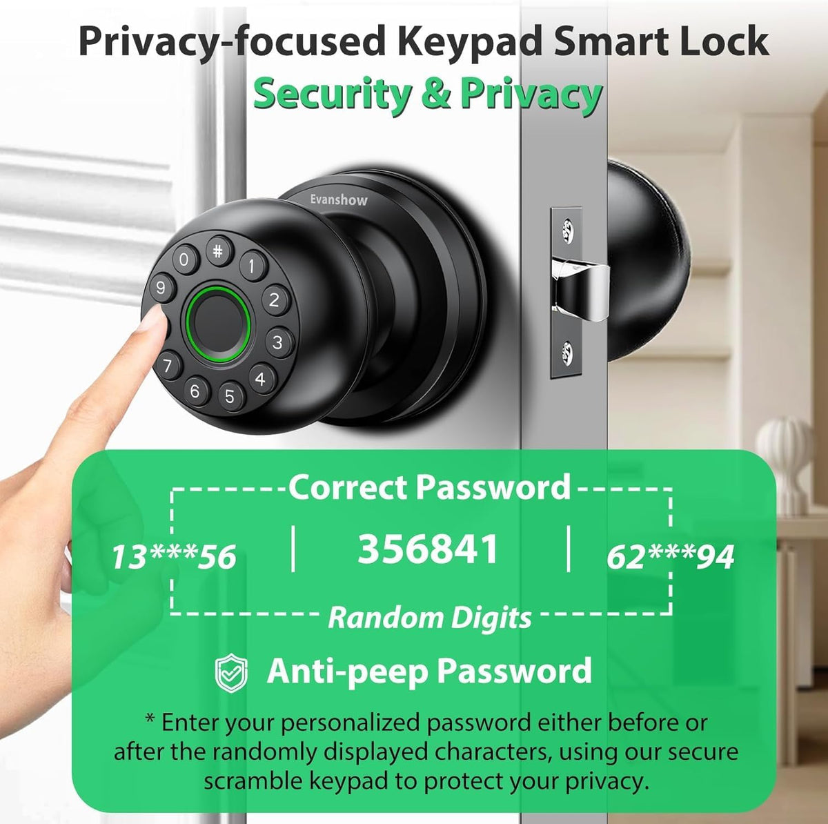 Smart Door Knob Fingerprint Lock 4-in-1 Keyless Entry (Fingerprint/App/Code/Key) Biometric Door with Auto-Lock Easy Install for Home/Bedroom/Office-Black