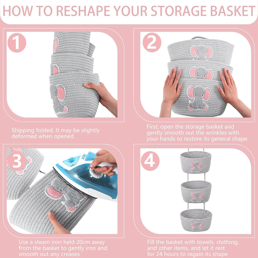 Elephant Nursery Decor Elephant Basket 3-Tier Cotton Rope Hanging Basket Organizer Wall Storage Bin with Hooks, Grey Over Door Decorative Nursery Closet Hanging Accessories
