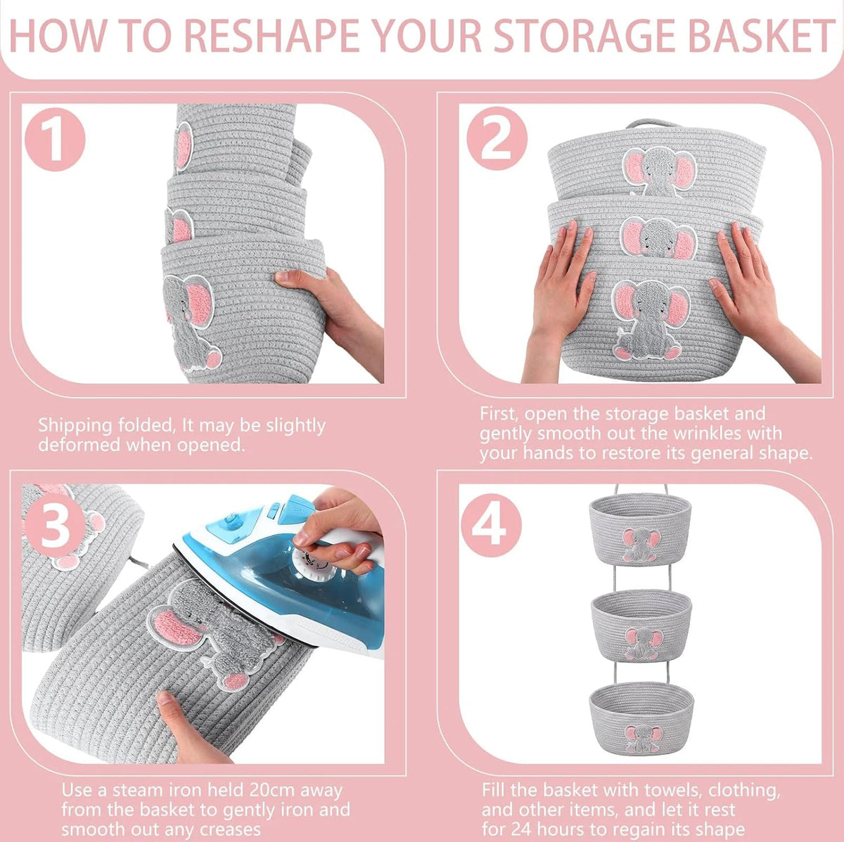 Elephant Nursery Decor Elephant Basket 3-Tier Cotton Rope Hanging Basket Organizer Wall Storage Bin with Hooks, Grey Over Door Decorative Nursery Closet Hanging Accessories