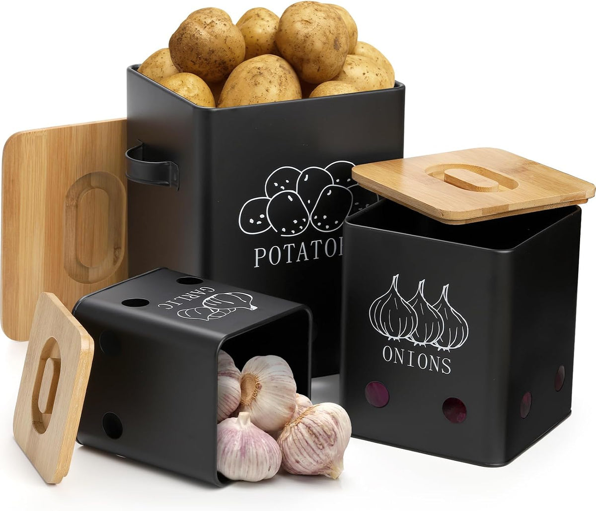 WUWEOT 3 Pack Vegetable Storage Tins, Potato Onion Garlic Storage Canister, Black Metal Vegetable Fresh Keeper Caddy, Kitchen Pantry Organizer Jars with Bamboo Lid and Aerating Holes