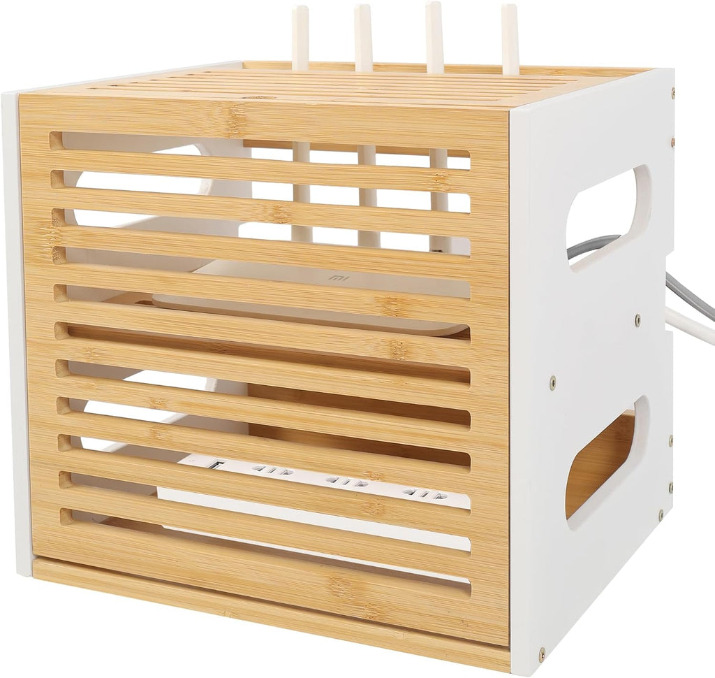 WiFi Router Box Hider with Cable Management, Bamboo, White