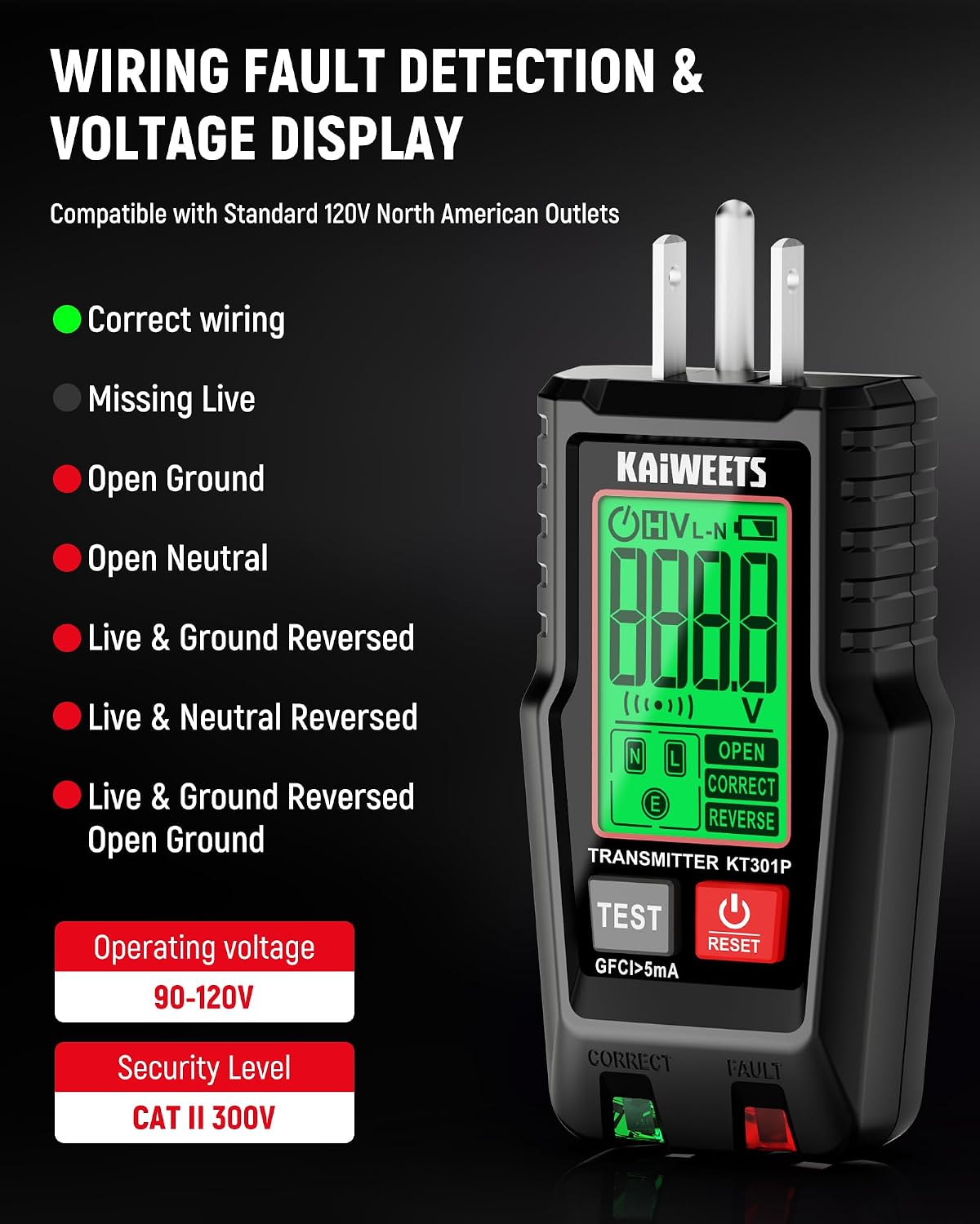 KAIWEETS Circuit Breaker Finder with LCD Display, GFCI Outlet Tester, Electrical Circuit Tracer Tool with NCV Test & Flashlight, Includes Carrying Case and Adapters- KT301P