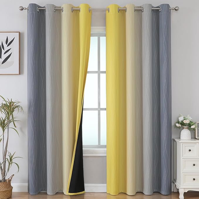 Estelar Textiler Yellow and Grey Ombre Blackout Curtains 90 Inch Length 2 - Image 2