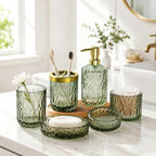 Green Bathroom Accessories Set, 5Pcs Clear Glass Green Accessories with Lotion Soap Dispenser, Soap Dish, Toothbrush Holder, Tumbler, Cotton Swab Jar, Modern Bathroom Decor Crystal Vintage Gift