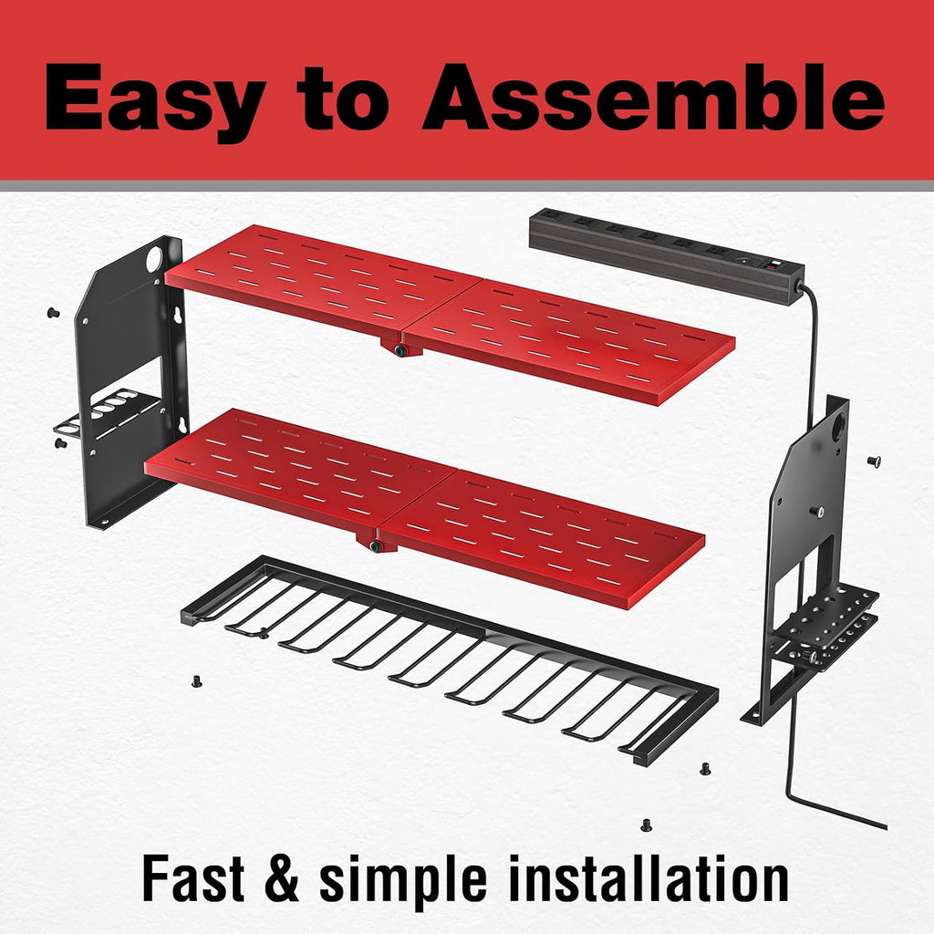 Power Tool Organizer with Charging Station Wall Mount, Cordless Drill and Battery Holder for Garage Organization, Electric Tools Storage Rack Build in Surge Protection Power Strip - Red Shelf