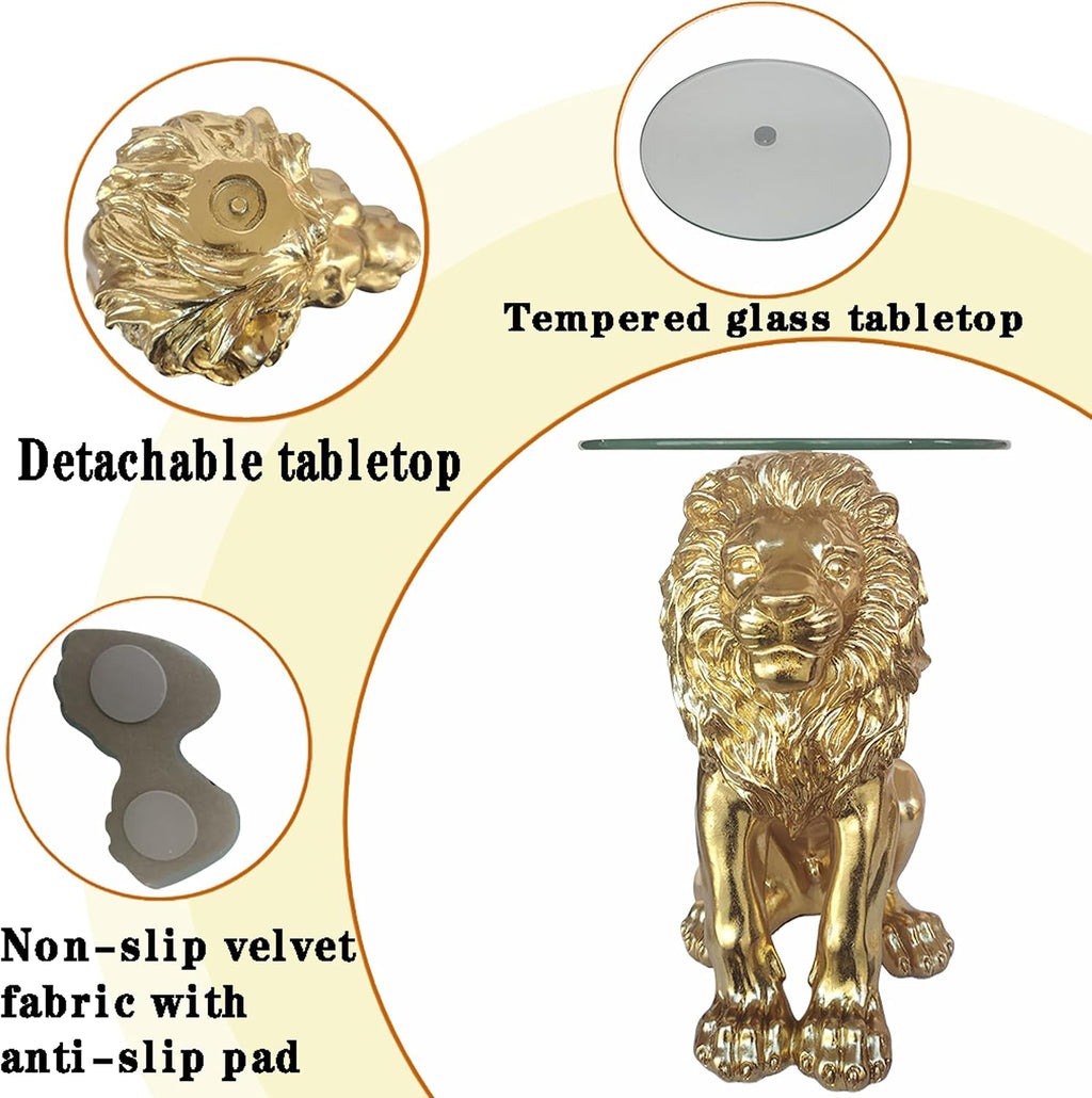 Lion Statue Side Table, 13 inch Tempered Glass Coffee Table