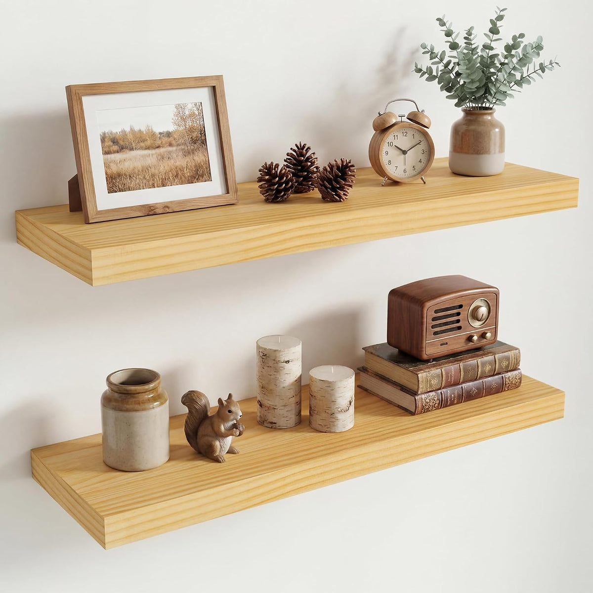 Fun Memories Floating Shelves, 9.3'' Deep Solid Pine Wood Wall Shelves for Storage, Wall Mounted Display Shelf with Invisible Heavy-Duty Metal Bracket, 36'' Width Set of 2, Unfinished - DIY Stain
