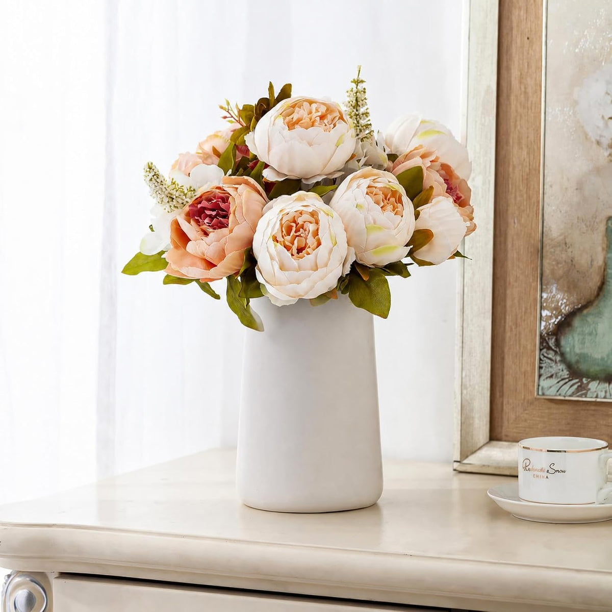Queen Bee Silk Peony Bouquet with Ceramic Vase Included Large Size 14" Wedding Centerpiece Events Birthday Gift Bridal Baby Shower Floral Arrangement Artificial Fake Flowers (Champagne)
