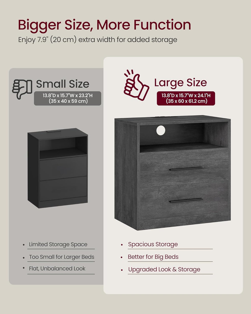 VASAGLE 23.6 Nightstands, LED Lights, Charging Station, 2 Drawers