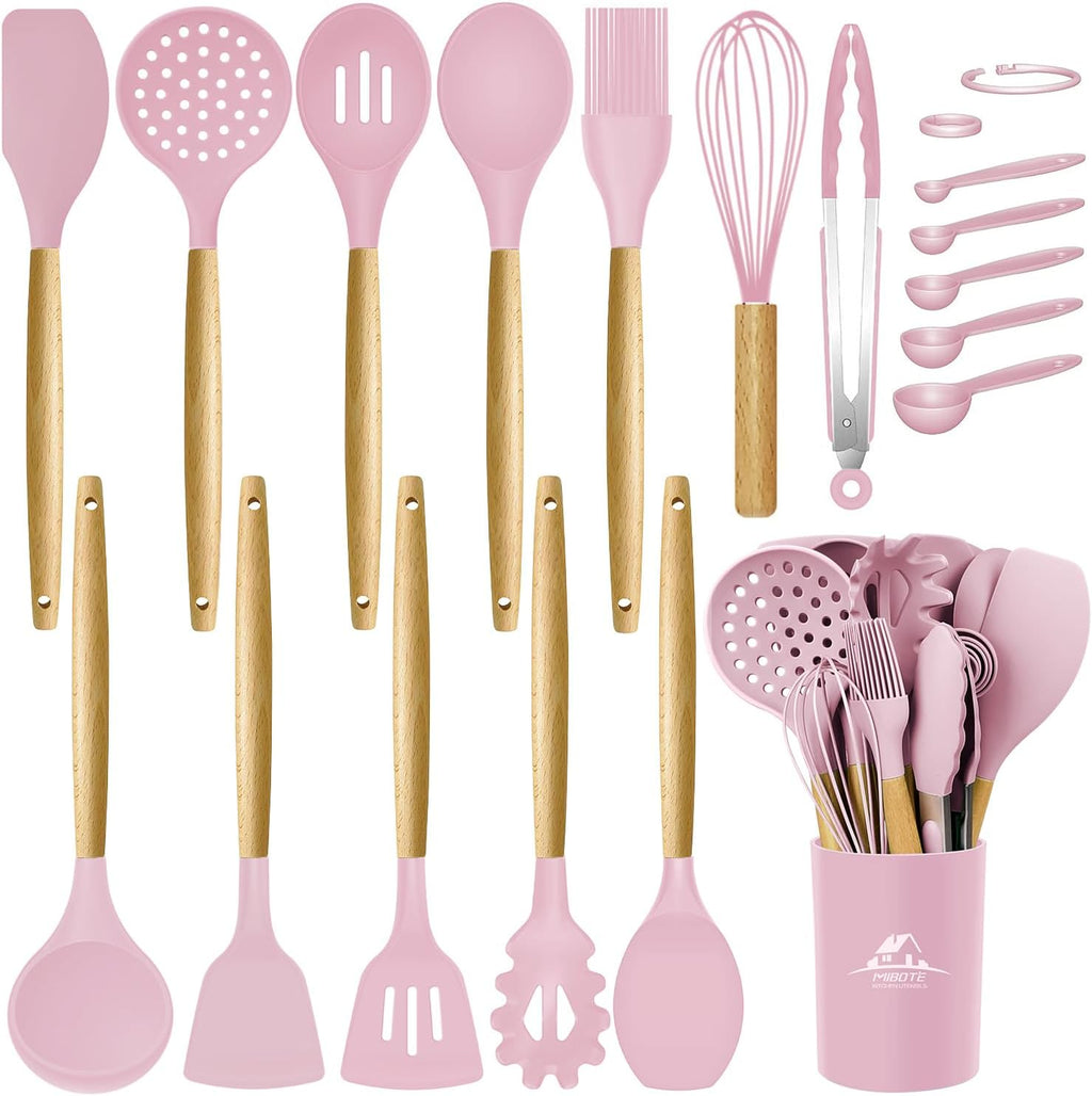 MIBOTE Silicone Cooking Kitchen Utensils Set, 17 Pcs, Wooden Handle, Grey