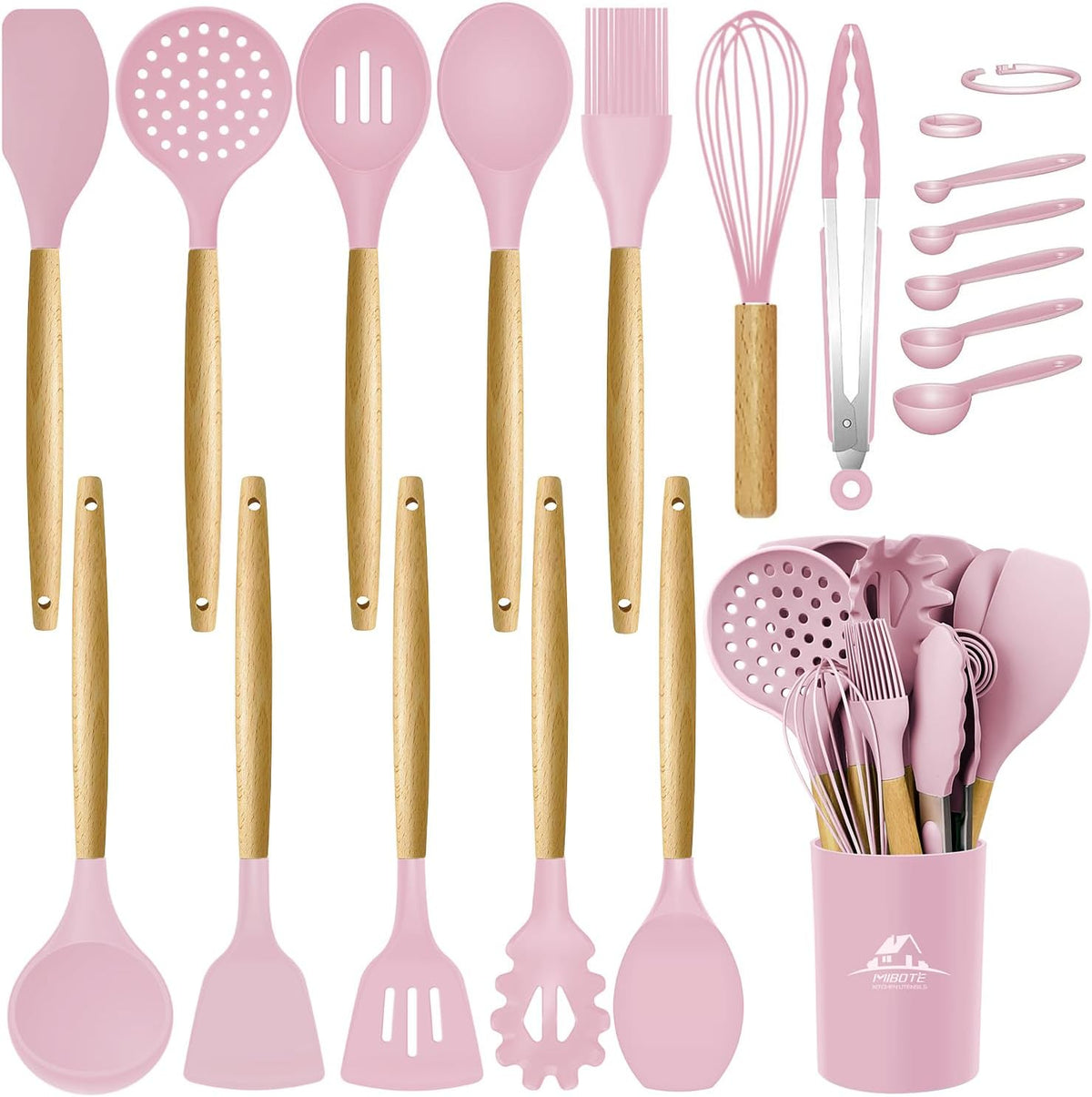 MIBOTE Silicone Cooking Kitchen Utensils Set, 17 Pcs, Wooden Handle, Grey