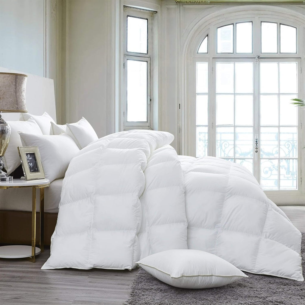 Luxurious Goose Feather Down Fiber Comforter King Size, Extra Fluffy Duvet Insert, Ultra-Soft, Breathable, Baffle Box Design, All Season Hotel Luxury (Palatial King 120" x 98" White)