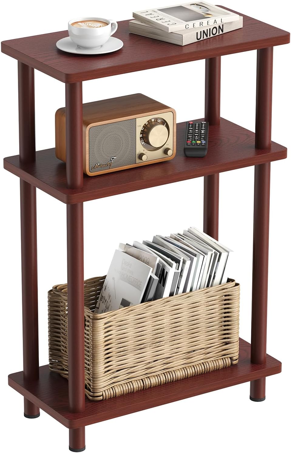 Apicizon Small Narrow Side Table, 3-Tier Skinny End Table, Dark Brown
