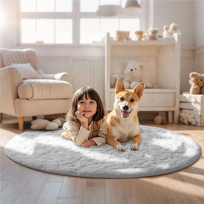 Ophanie White Round Rug 6Ft Circle Area Rug, Aesthetic Room Decor, Fluffy Fuzzy - Image 3