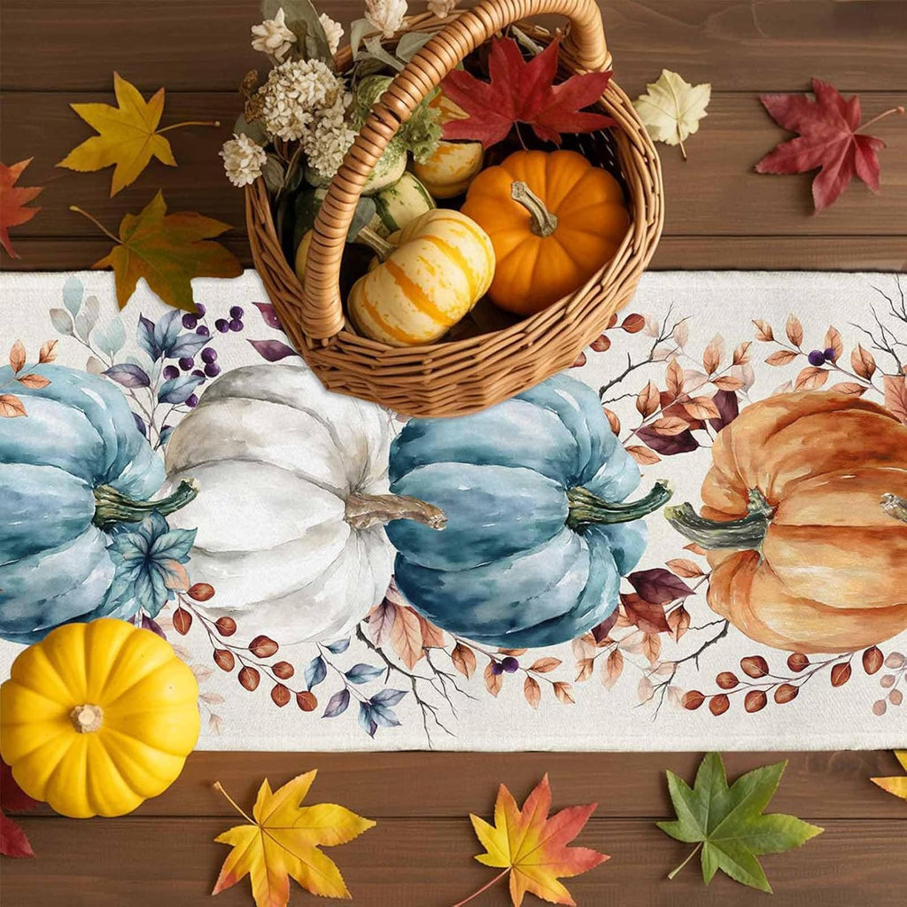 Fall Thanksgiving Table Runner, Watercolor Autumn Pumpkins Eucalyptus Leaves Cotton Linen Tablecloth Farmhouse Table Decor for Home,Kitchen,Dining Room,Indoor,Outdoor,13X90 Inches Long, Blue Orange