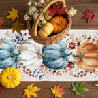 Fall Thanksgiving Table Runner, Watercolor Autumn Pumpkins Eucalyptus Leaves Cotton Linen Tablecloth Farmhouse Table Decor for Home,Kitchen,Dining Room,Indoor,Outdoor,13X90 Inches Long, Blue Orange