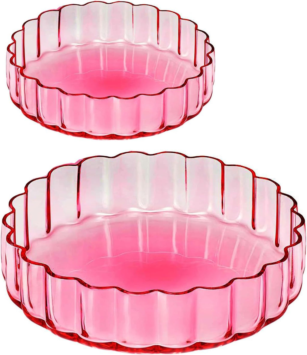 Khen Glass Flower Wave Colored Plates | Set of 2 | Blush Pink Green 5.9" Dinner or Dessert Plate, Appetizer, Snack, Fruit, Wavy Serveware | Vintage Art Deco Hand Wash Housewarming Gift