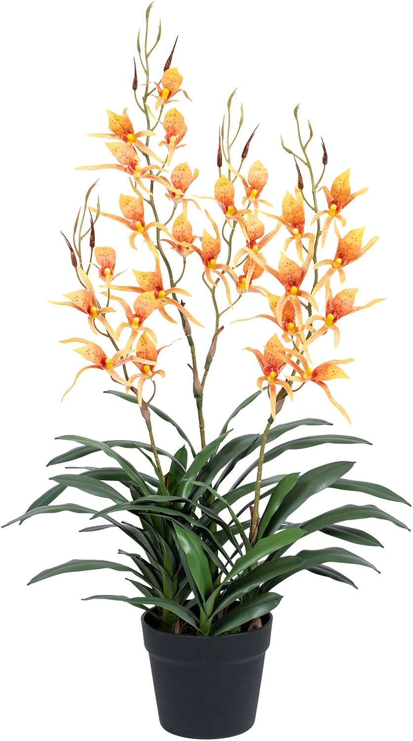 Artificial Dendrobium Orchid with Black Pot, Orange-Red Fake Orchid, Fake Plants for Dining Room, Farmhouse & Fall Harvest Decor, Set of 1