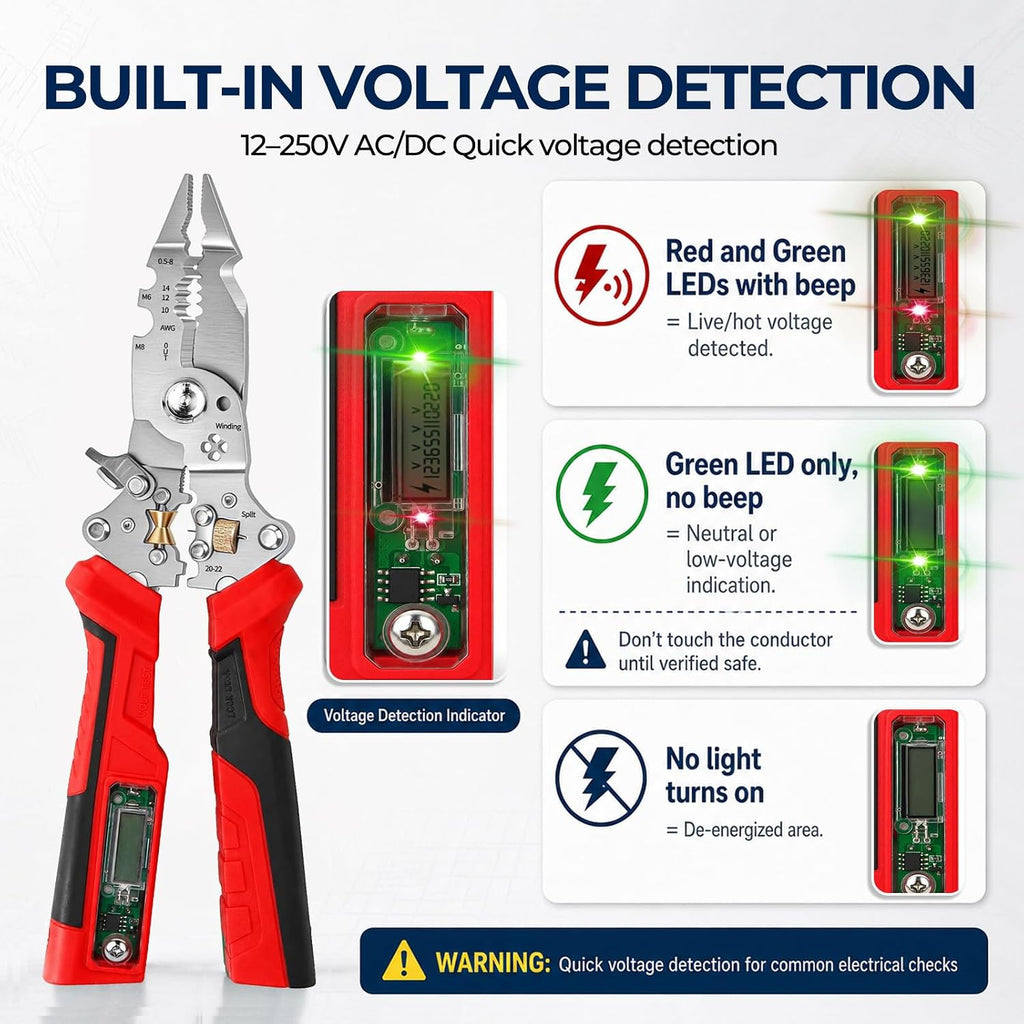 16-in-1 Wire Stripper and Crimping Tool, Foldable Wire Cutter with Rechargeable 12-250V AC/DC Voltage Tester for Hot/Neutral Checks, Home Wiring and DIY Repair (Red1)