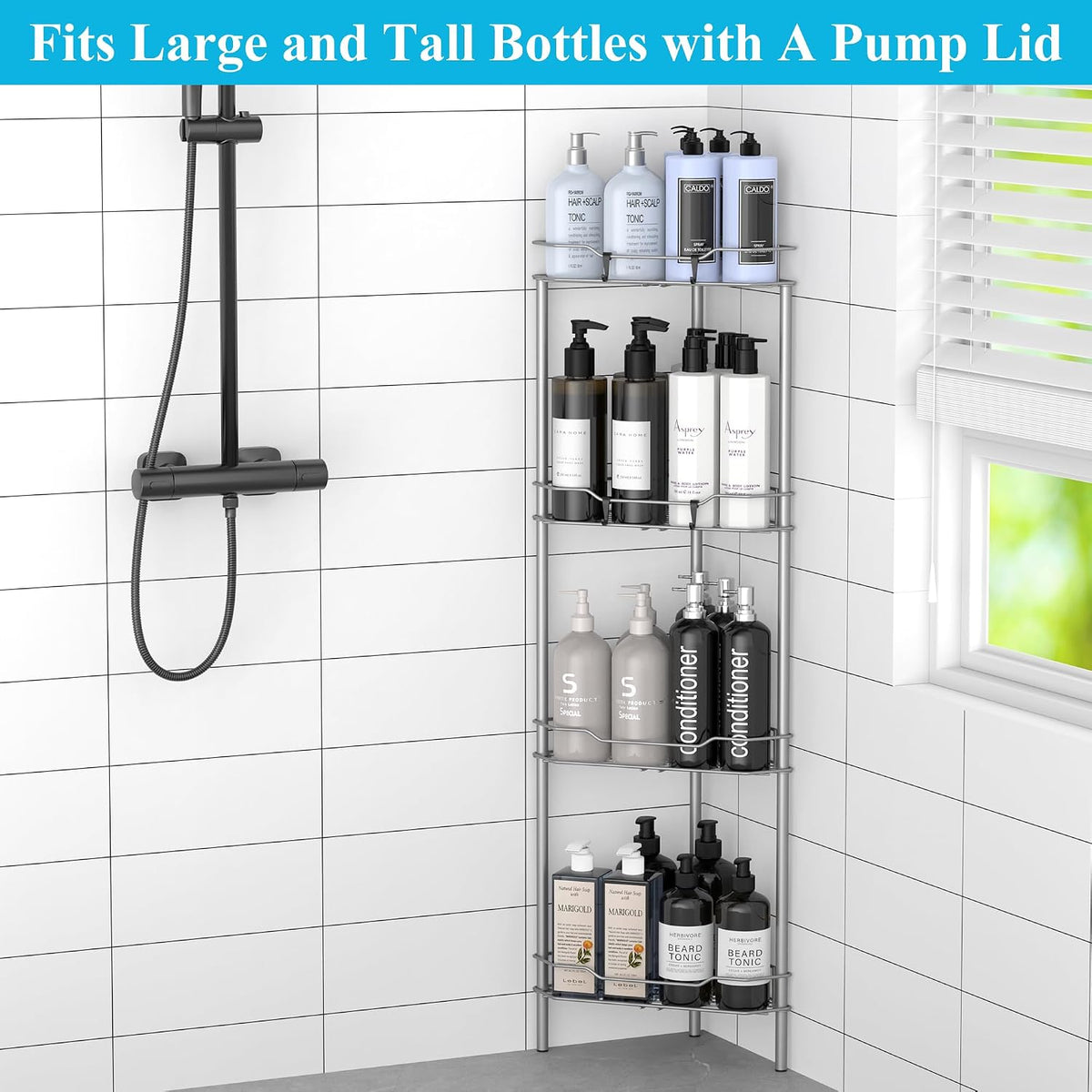 HuggieGems Metal Floor Standing Corner Shower Caddy, Gray, 4 Tier