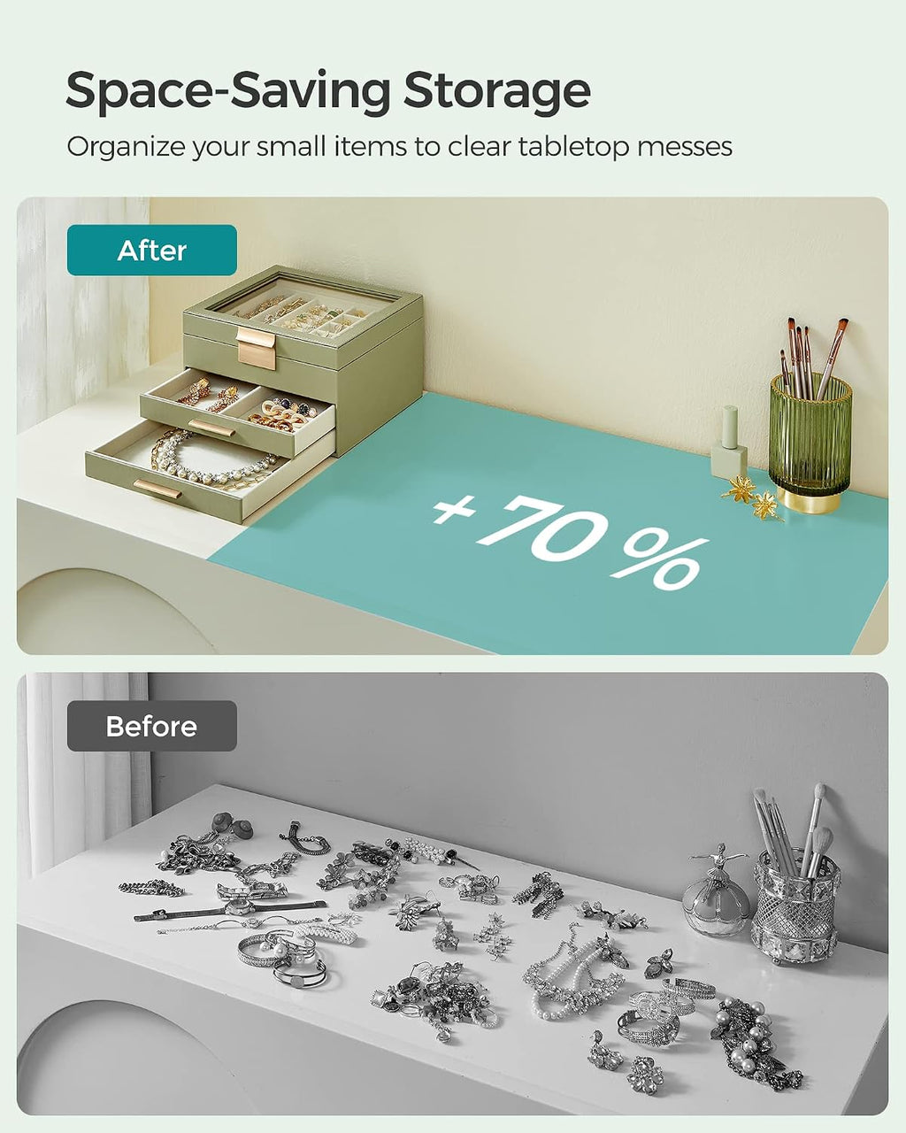 SONGMICS Jewelry Box Organizer, 3-Layer Storage with 2 Drawers, Glass Lid